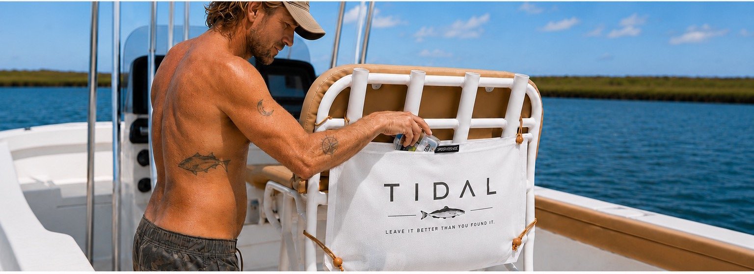 A fisherman reaches into a white Tidal canvas bag strapped to the leaning post of a center-console boat